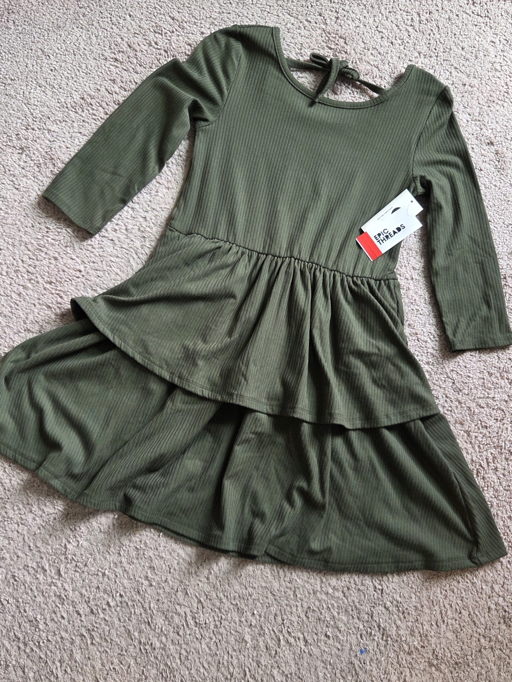 Girls Olive Green Ribbed Tiered Dress